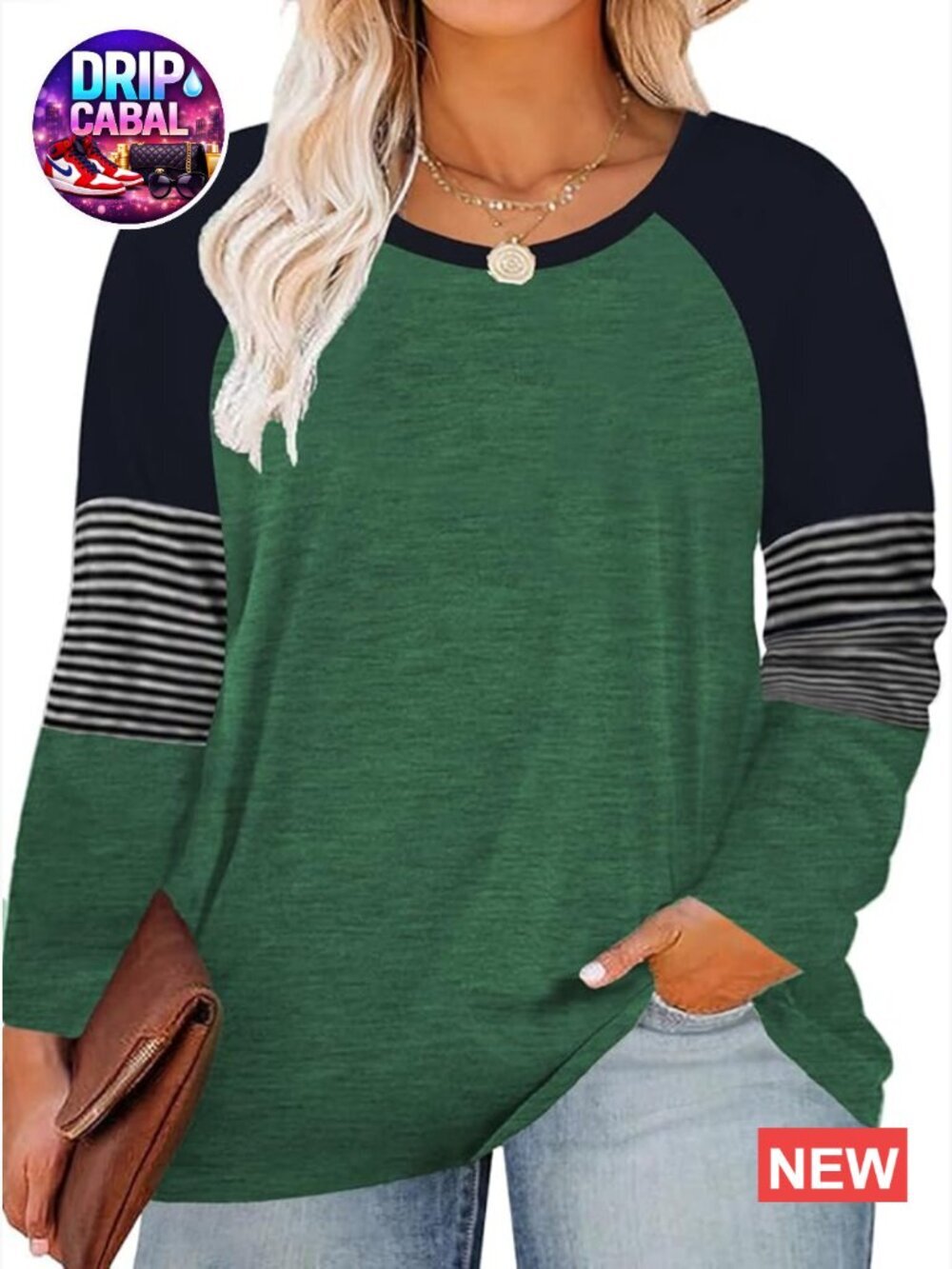 Plus Size Raglan Long Sleeve Striped T-Shirt Rayon Spandex